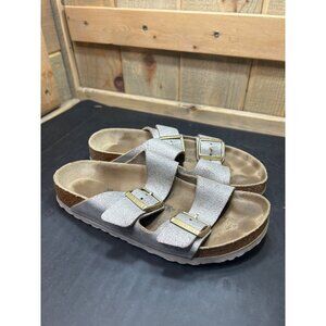 Birkenstock Arizona Womens Leather Sandals EU38 US7 Silver Metallic Double Strap